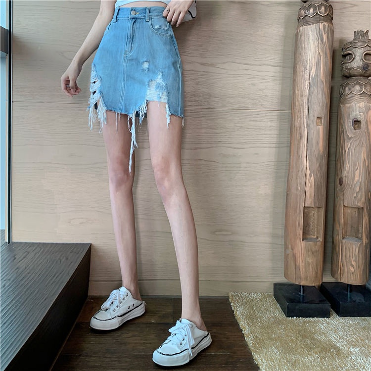 COZOK Chân váy jean Lưng Cao Phối Rách Hợp Thời Trang Cho Nữ