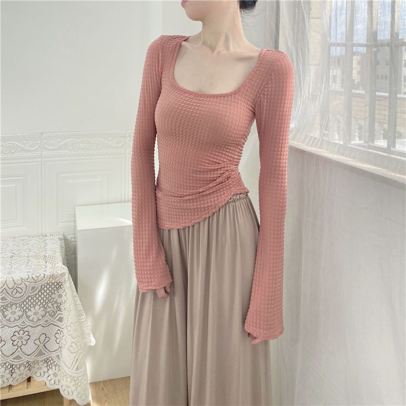 Chẳng bao Lâu Hoặc Phía Sau Áo Thun Mỏng Nhẹ Tay Loe Ôm Sát Cổ Vuông Màu Trong Suốt Ngọt Ngào Cho Nữ S