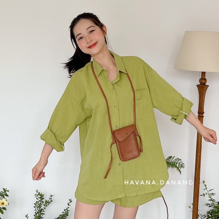 Set sơ mi tay dài kèm quần short chất đũi, set kèm quần lưng chun buộc dây co giãn AE147