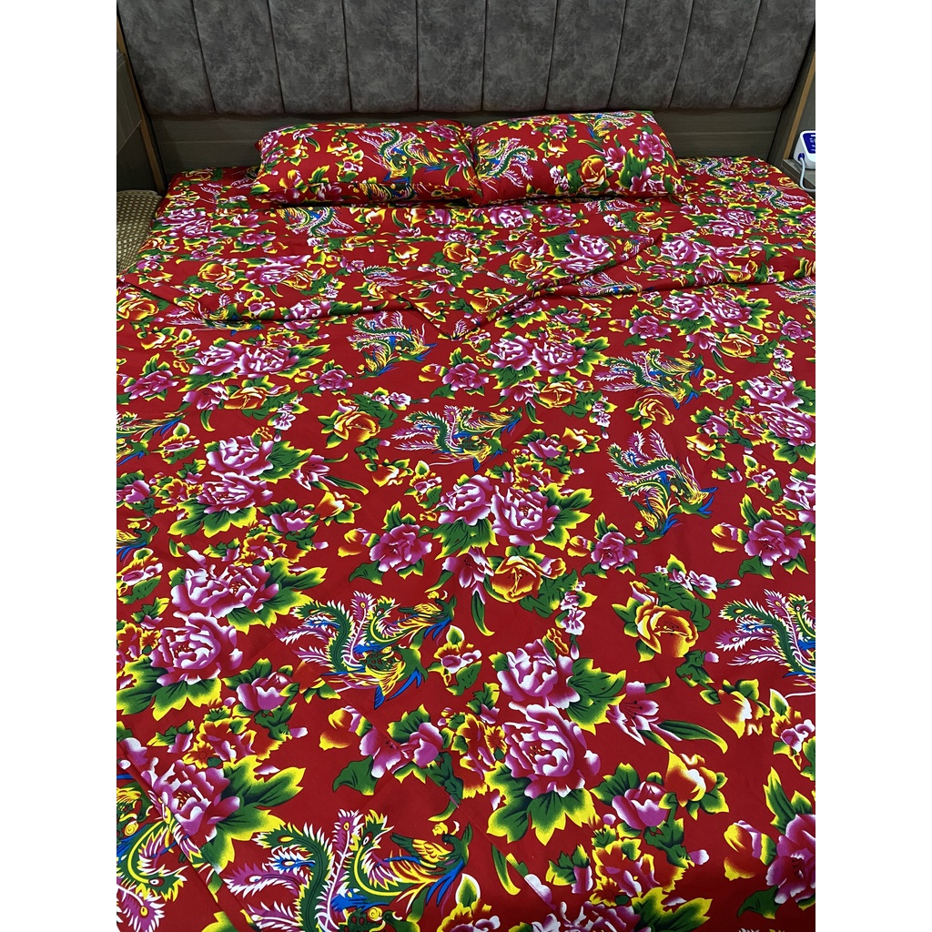 Combo Bộ chăn ga con công đỏ dành cho giường kích thước (1m8 x 2m) hoặc (2m x 2m2)