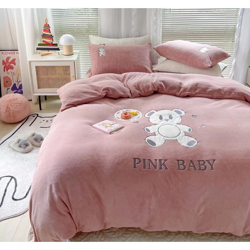 BỘ CHĂN GA NỈ GẤU BEAR Pinkbaby HOT 2021, BỘ VỎ NỈ NHUNG MỀM MỊN THÊU HÌNH GẤU DỄ THƯƠNG