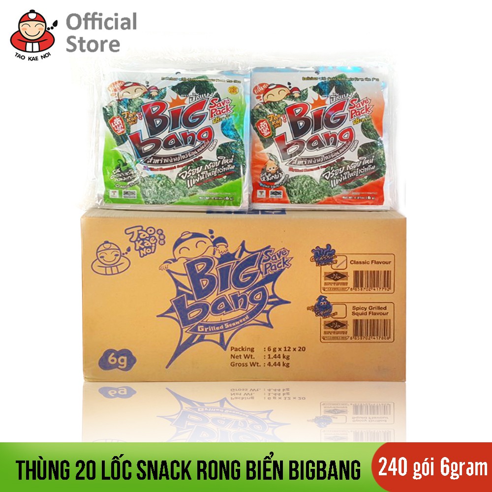Thùng 20 Lốc Snack Rong Biển BIGBANG TAOKAENOI Thái Lan - 240 Gói 6 Gram