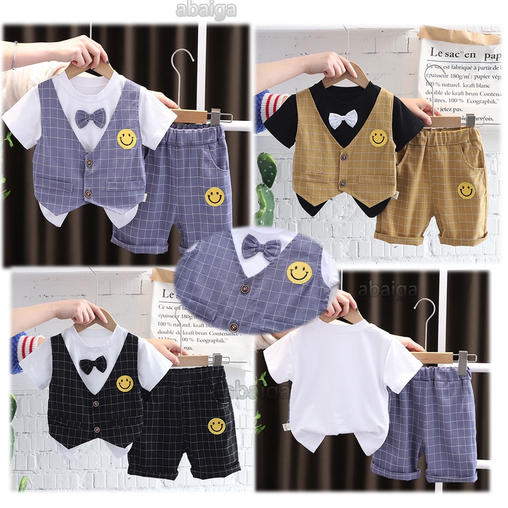 Bộ Áo Sơ Mi Giả Vest Cổ Thuyền + Quần Short Kẻ Sọc Thời Trang Mùa Hè Cho Bé Trai