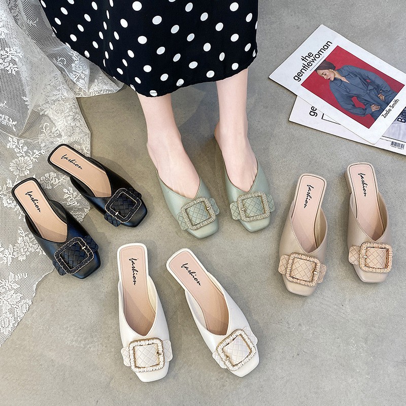 New Slippers Women's Outdoor Fashion Square Buckle Toe Cap Semi Slipper Summer Internet-Famous Slippers Casual Slip-on M