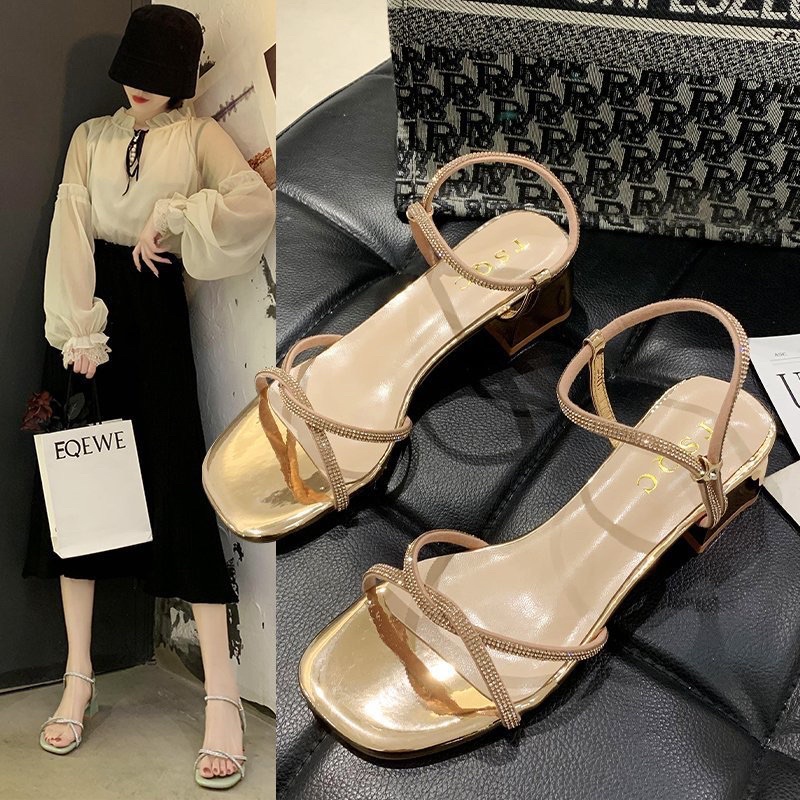 Sandal kim tuyến gót vuông mũi vuông hot 2021(order)