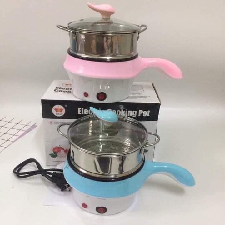 Nồi lẩu mini đa năng Electric Cooking Pot - Ca nấu mì có tay cầm kèm xửng hấp Inox cao cấp tiện dụng BH 1 tháng