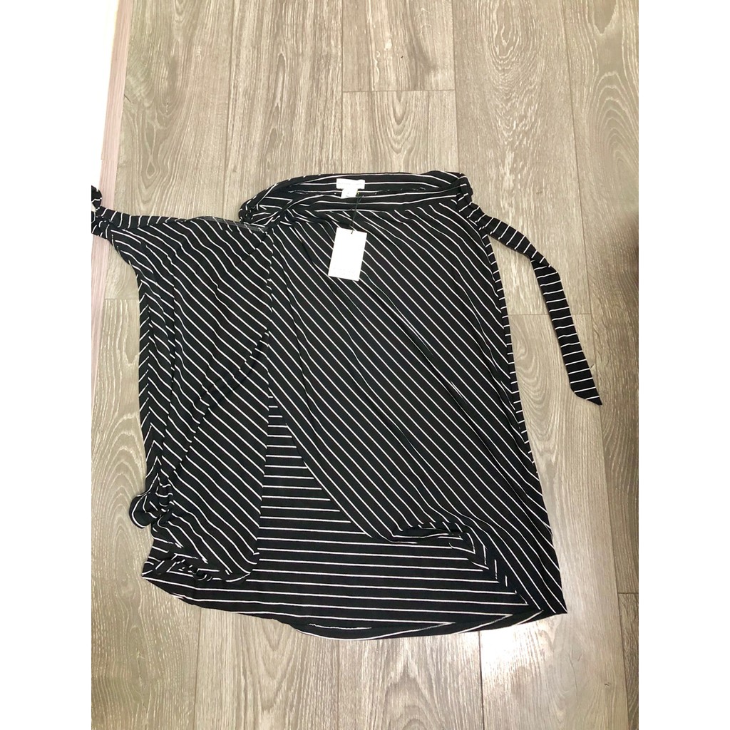 Chân Váy Rayon Adrienne Vittadini Chéo Trước Màu Đen Sọc Trắng - 1040