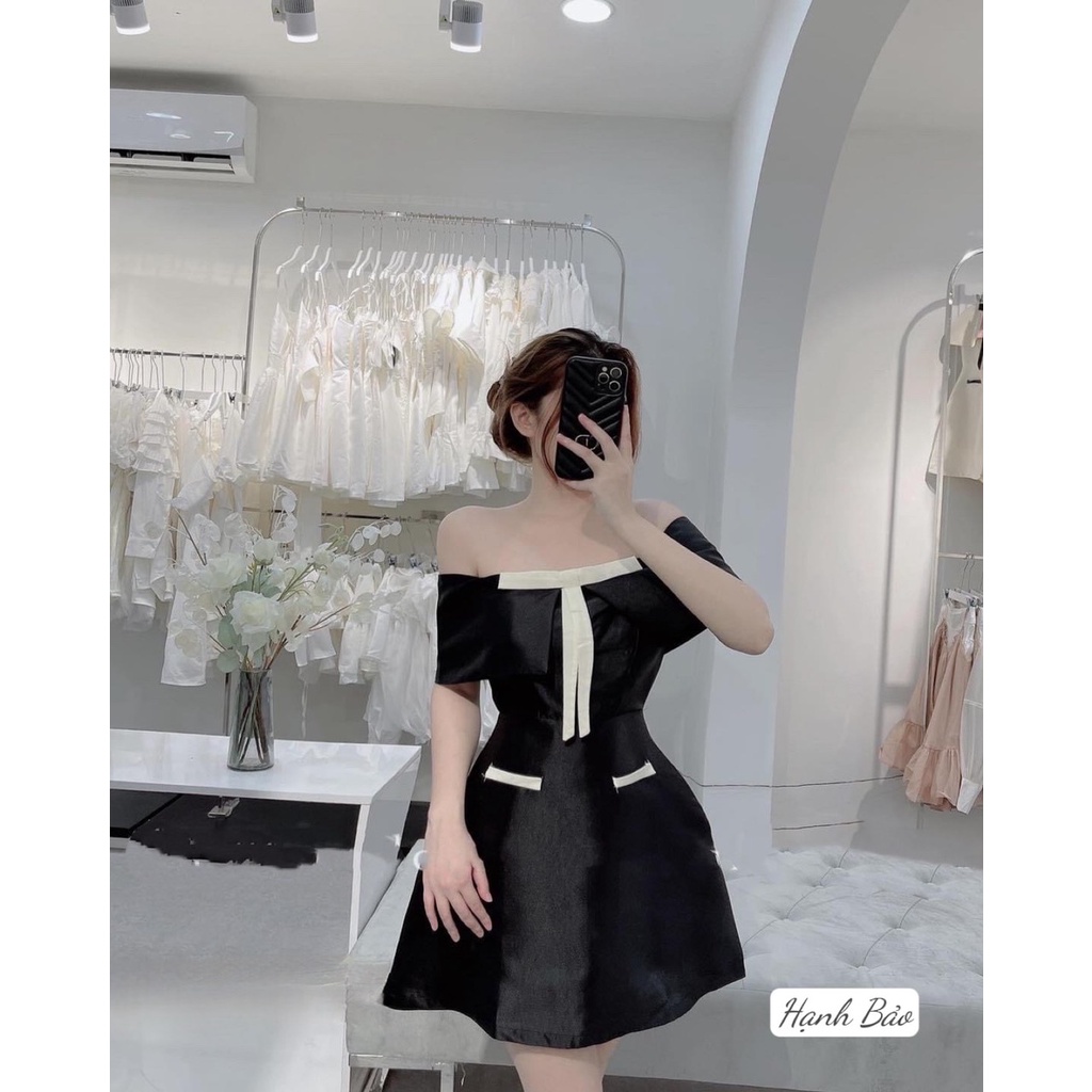 Váy tafta trễ vai nơ ngực 2 túi