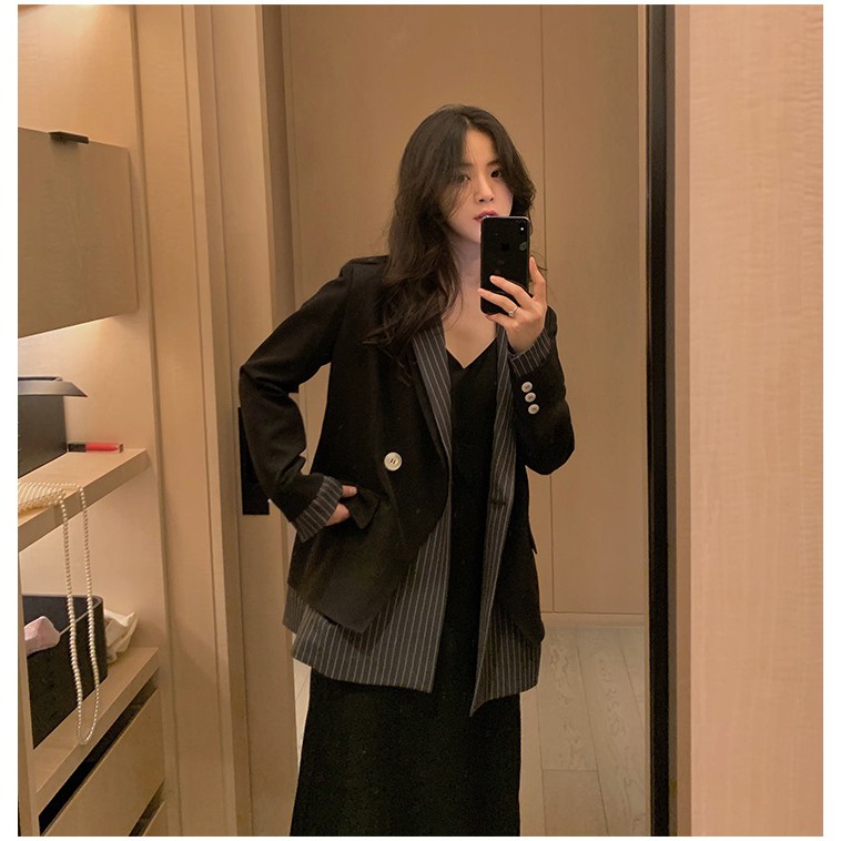 New - Áo Khoác Blazer Đen Phối Sọc DORY&amp;PONY STREET BLACK JACKET – AK105 (2 lớp)