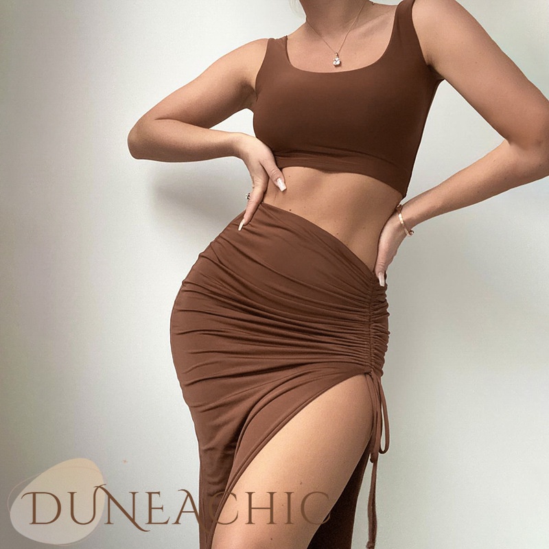 DUNEA Set Áo Ống + Chân Váy Xẻ Tà Quyến Rũ Thời Trang Cho Nữ