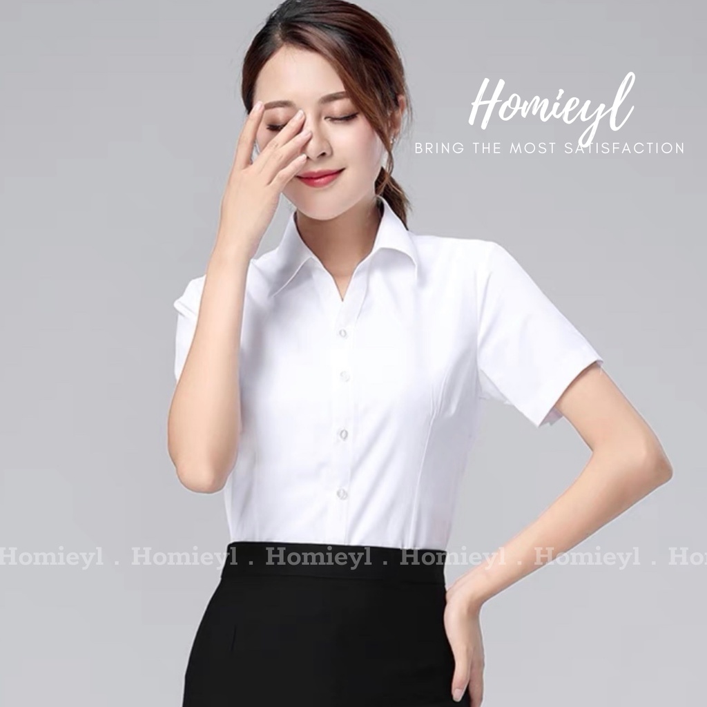 Áo sơ mi trắng nữ tay ngắn công sở Homieyl cao cấp, áo sơ mi suông nữ basic đi học đi làm chất vải thô lụa đẹp