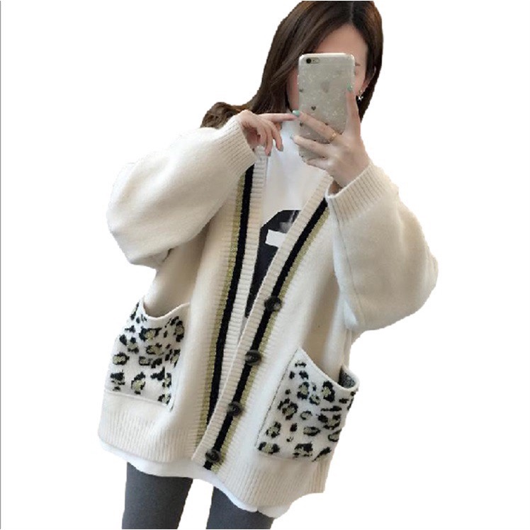 Áo khoác len cadigan nữ dáng dài, áo khoác ngoài họa tiết túi hình báo hàng Quảng Châu