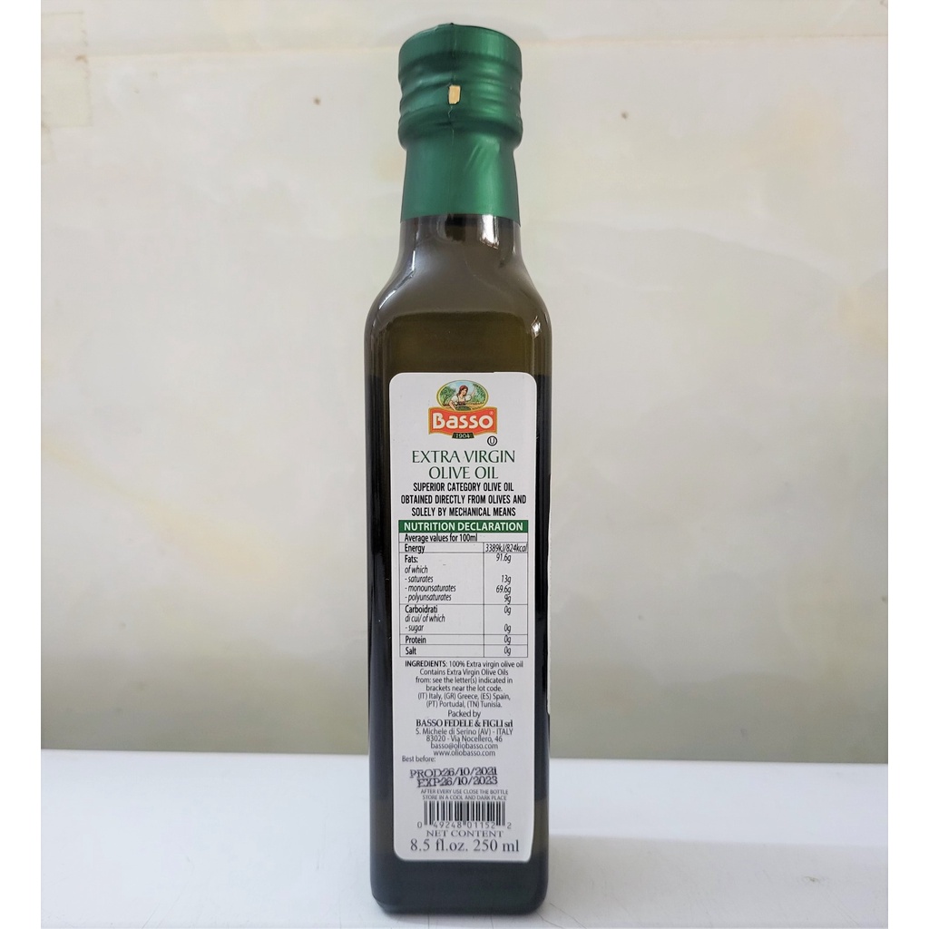 [Chai nhỏ 250ml] DẦU Ô LIU NGUYÊN CHẤT [Italia] BASSO Extra Virgin Olive Oil (euf)
