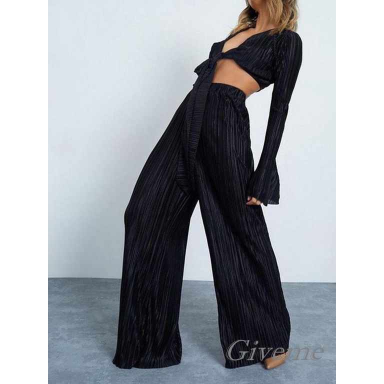 Set Áo Lửng Hai Dây Cổ V Sâu + Quần Dài Ống Rộng Thời Trang Nữ