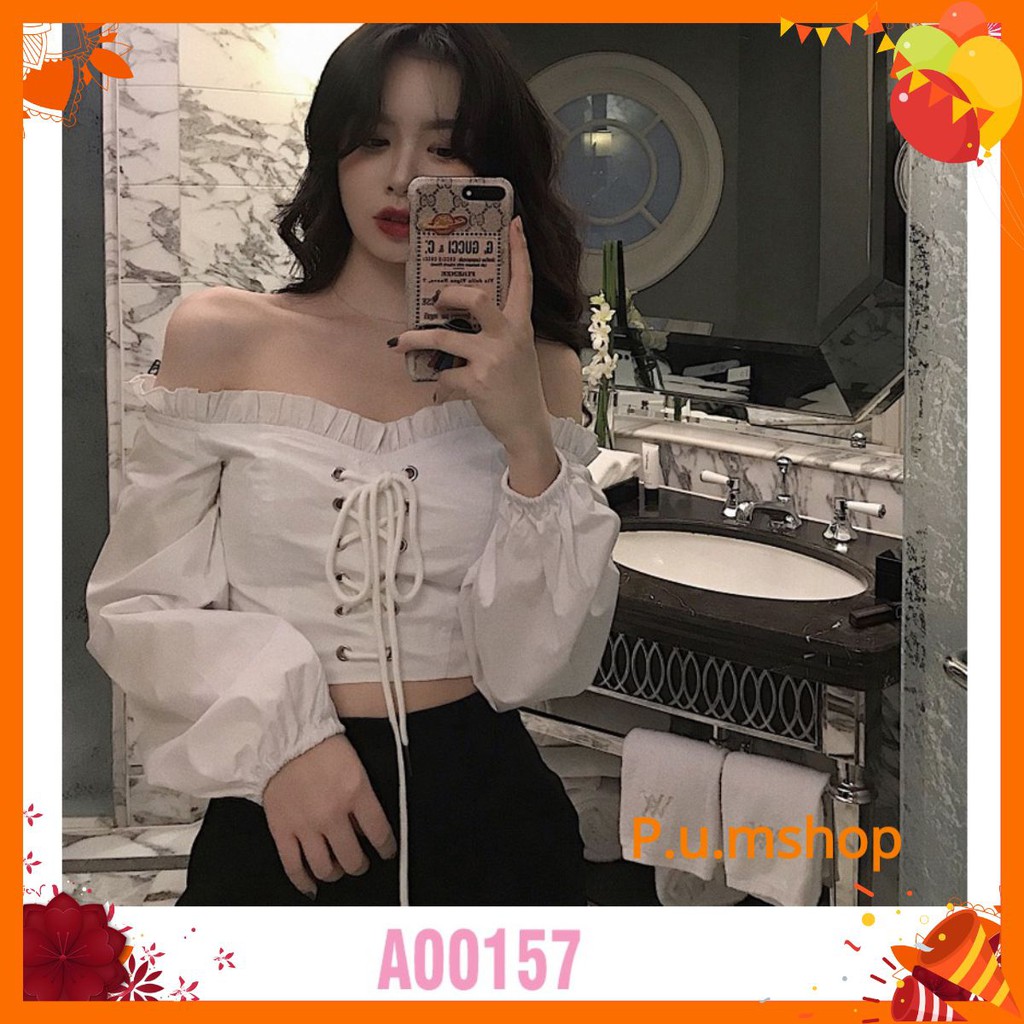 [ HÌNH THẬT ] Áo Croptop Cách Điệu Hở Vai Dài Tay - ORDER TAOBAO - A00157