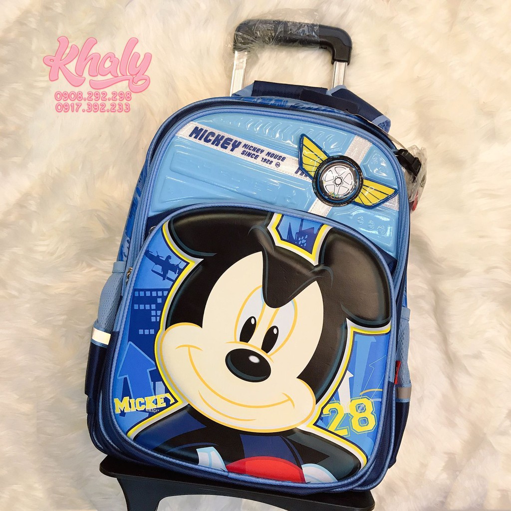 Balo kéo cao cấp 3 ngăn hình Mickey Mouse màu xanh nhạt cho các bé, học sinh cấp 1 - (Disney) - BLKMKXN - (30x16x41cm)