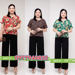 Bộ lụa cát hàn dài, tay cộc trung niên cho mẹ mặc nhà - Sét đồ bộ trung niên cao cấp mùa hè mát mẻ
