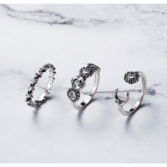 Set 3 Nhẫn Màu Bạc Họa Tiết Hình Học / Mặt Trăng / Mặt Trời / Ngôi Sao Phong Cách Punk Cổ Điển Thời Trang Cho Nam Và