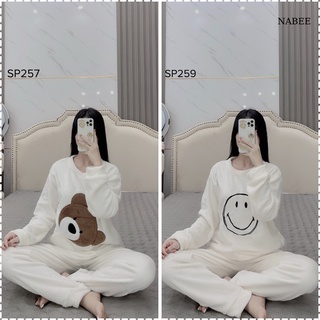 Bộ ngủ nữ bông dài tay hình gấu, chất bông mềm mịn họa tiết cute