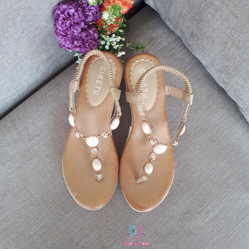 Giày sandal xỏ ngón Siketu, đế xuồng bọc cói cao 7cm (size 37-235)