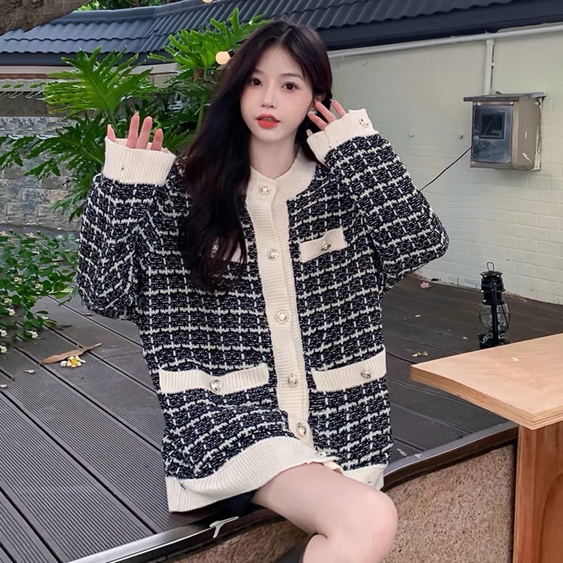 Áo Khoác Len Cardigan Kẻ Caro Viền Cực Xinh