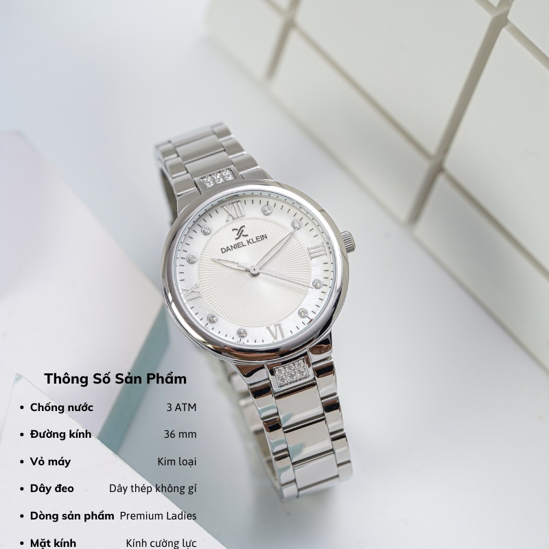 Đồng hồ nữ Daniel Klein Watch DK.1.12548.1 mặt nhỏ đính đá, kính cứng chống xước, chống nước, dây thép đeo tay cao cấp