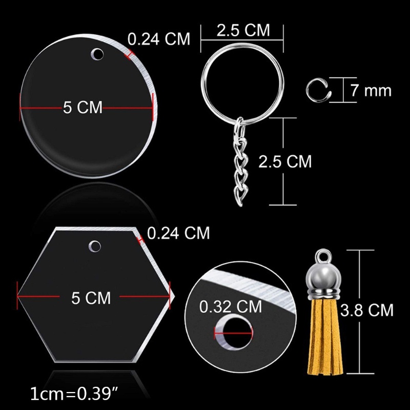 NAV 1 Set Acrylic Ornament Blanks Kit with Hexagon Round Clear Acrylic Discs Keychain Key Rings Jump Rings Colorful Tassels for DIY Projects Crafts