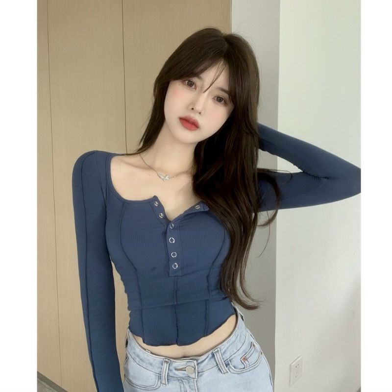 Áo thun nữ nút bấm vải ken gân đẹp Hot 2022A15