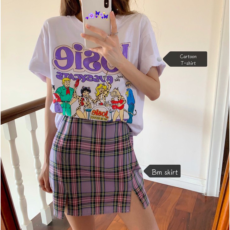 SẴN | SET ÁO THUN HOẠT HÌNH + CHÂN VÁY KẺ SỌC TÍM CÁ TÍNH ULZZANG