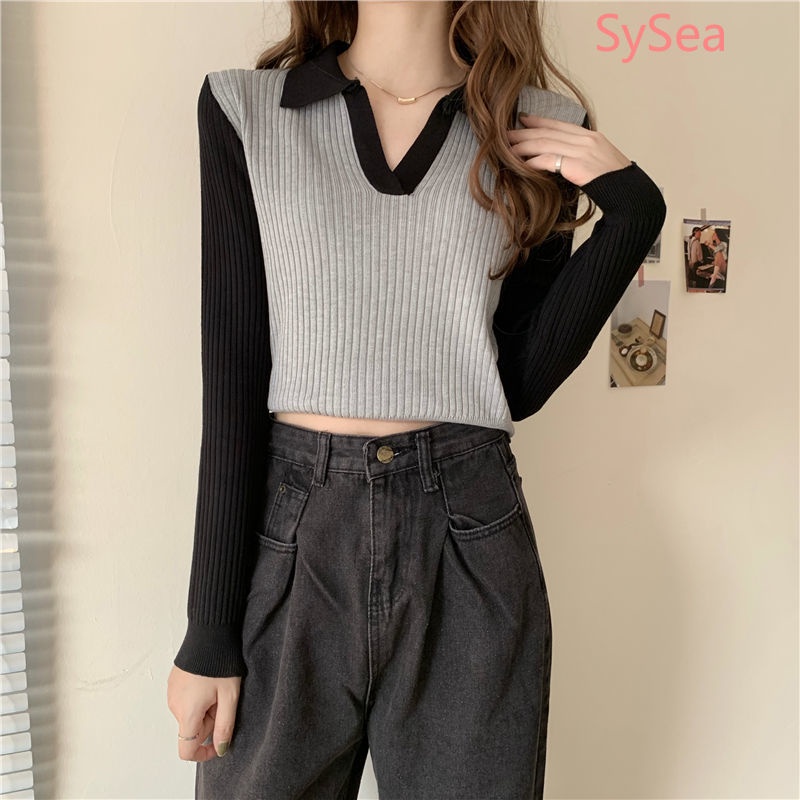 Áo sweater dài tay màu tương phản phong cách mùa thu Hàn Quốc cho nữ