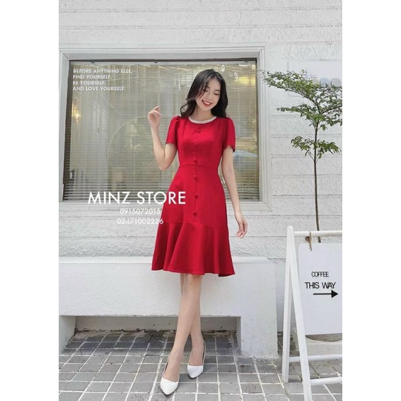 Váy xòe cổ viền ren cúc bọc A.300.296