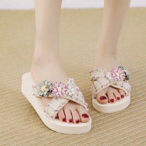 (SẴN HÀNG )Dép Xuồng Nữ Sandal Quai Chéo Thời Trang Đính Ren Hoa Chống Trượt