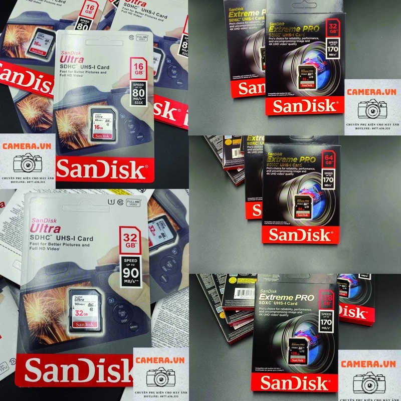 Thẻ nhớ SD Sandisk 16G 32G 64G Ultra Class 10 và Extreme Pro tốc độ cao 4K cho máy ảnh máy quay máy ảnh