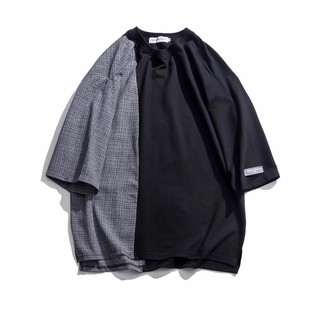 Áo thun nam không cổ vải đũi mix cotton ống tay lỡ dáng suông rộng nam nữ unisex