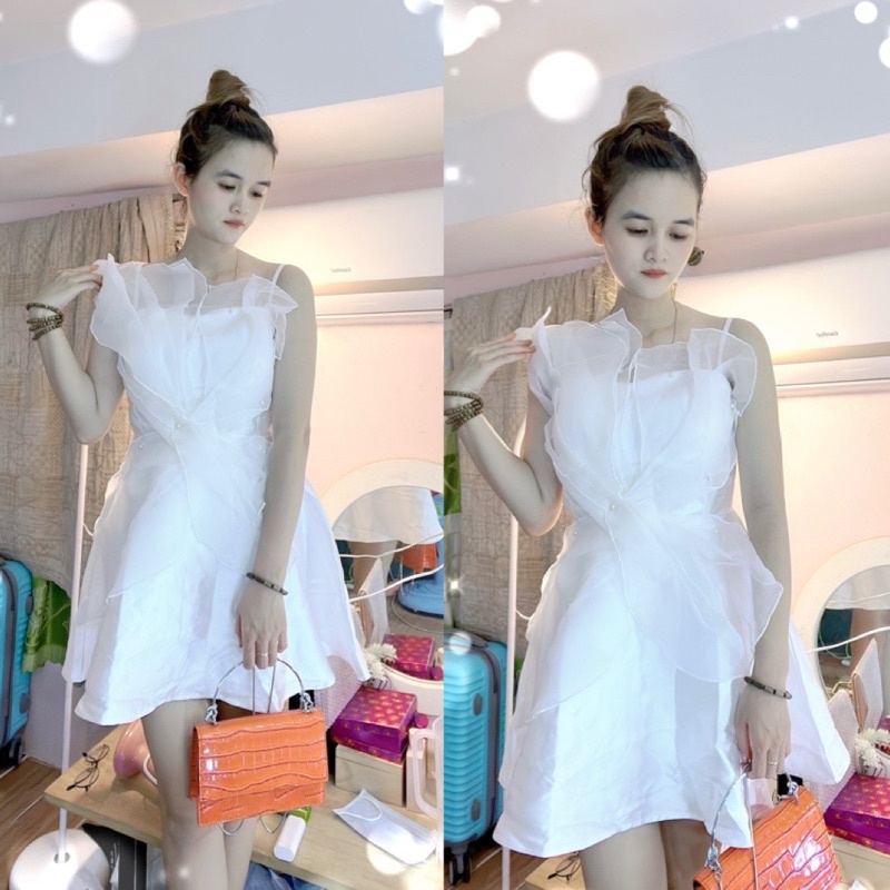 Đầm hai dây phối voan ngực xếp ly đính