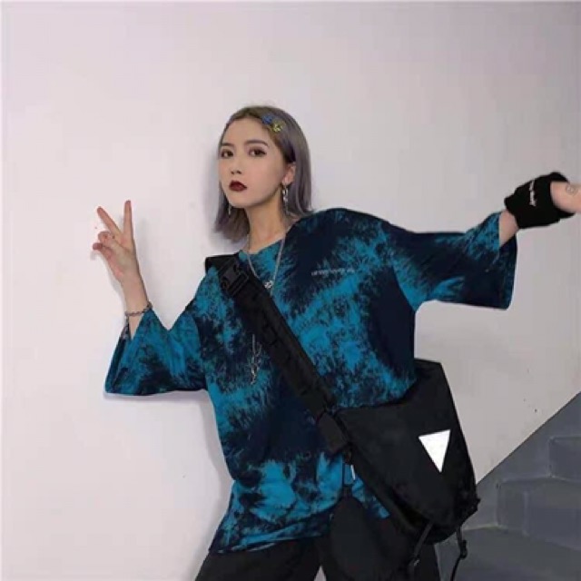 (clip+ảnh thật) Áo unisex tay lỡ loang xanh đen