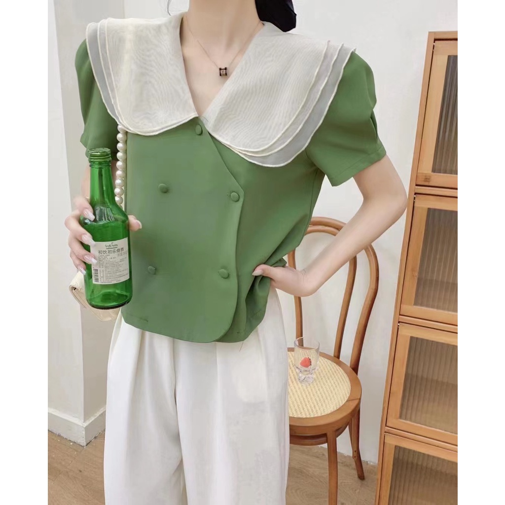 Áo Sơ Mi Tay Ngắn Cổ Lá Sen Hai Lớp Thời Trang Cho Nữ