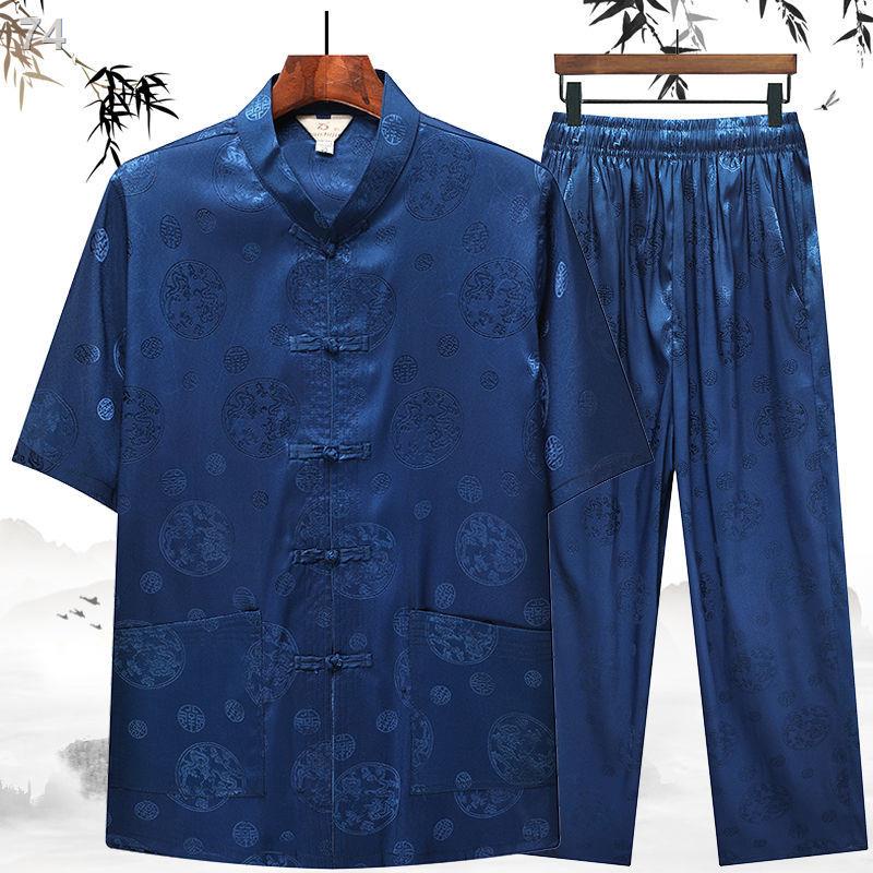 Summer ice silk Tang suit nam ngắn- Áo sơ mi lụa tay phù hợp với người trung niên và cao tuổi Người cha Trung Quốc ăn mặ