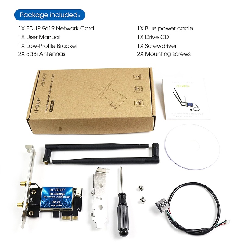 Thẻ WiFi Không Dây Băng Tần Kép 4.0 Kết Nối Bluetooth 4.0 2.4G / 5G PCIE + 2 Ăng Ten