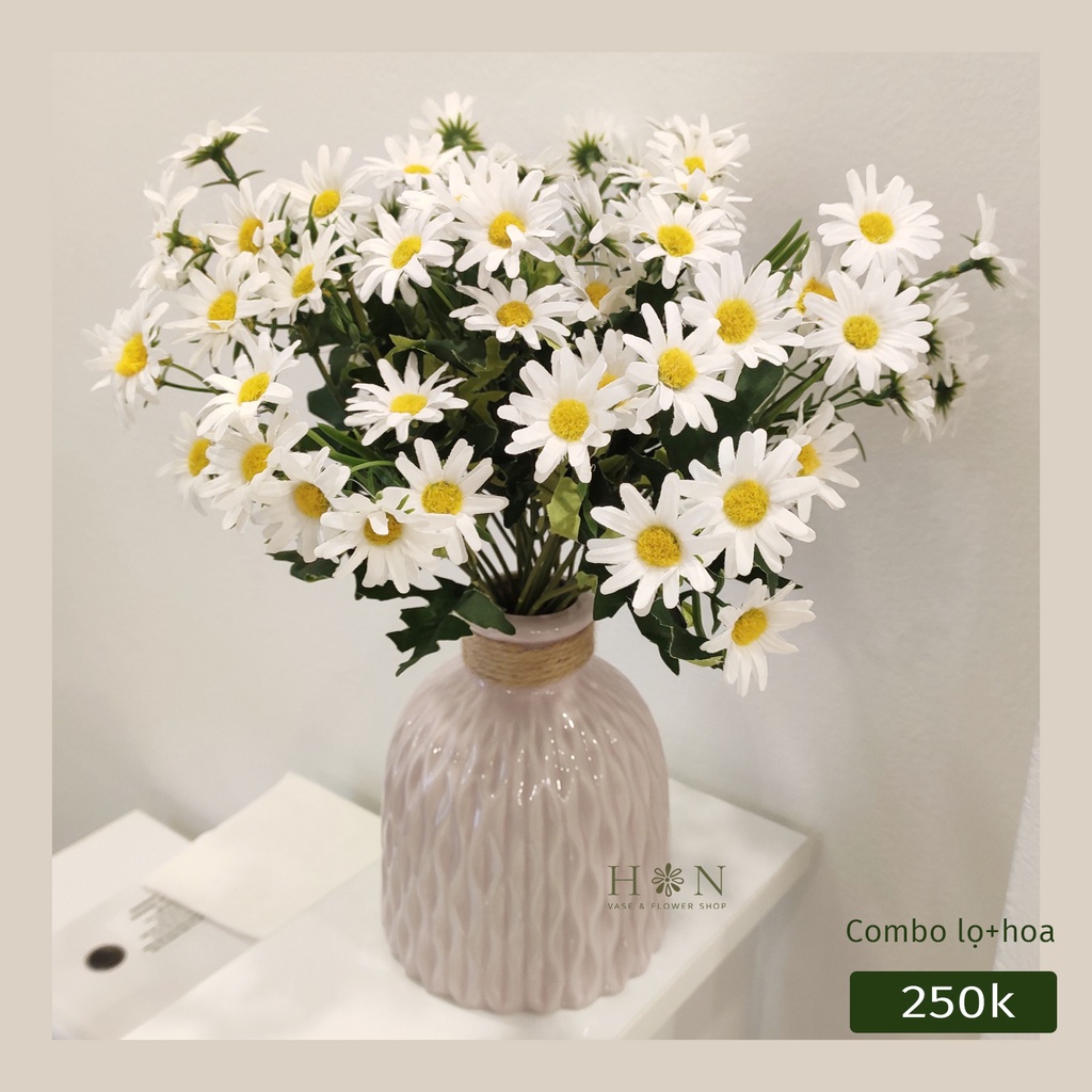 Hoa giả, hoa lụa - Combo bình + hoa cúc họa mi giả trang trí, cao 35cm - Han decor