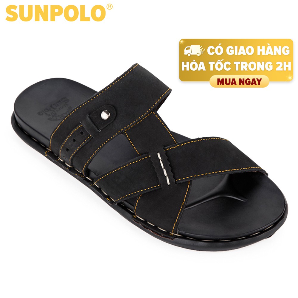 [Mã BMBAU50 giảm 7% đơn 99K] Dép Quai Ngang Nam Da Bò SUNPOLO Đen Nâu - SNA101