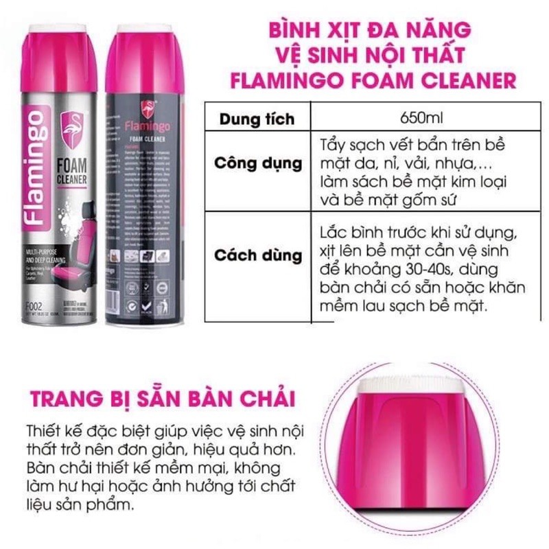 [RẺ VÔ ĐỊCH]  xịt bọt tẩy vệ sinh nội thất Flamingo F002 650ml 💥Xịt tẩy đa năng dạng bọt