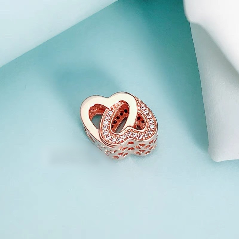 charm pan 2 trái tim vàng hồng đính đá bạc s925