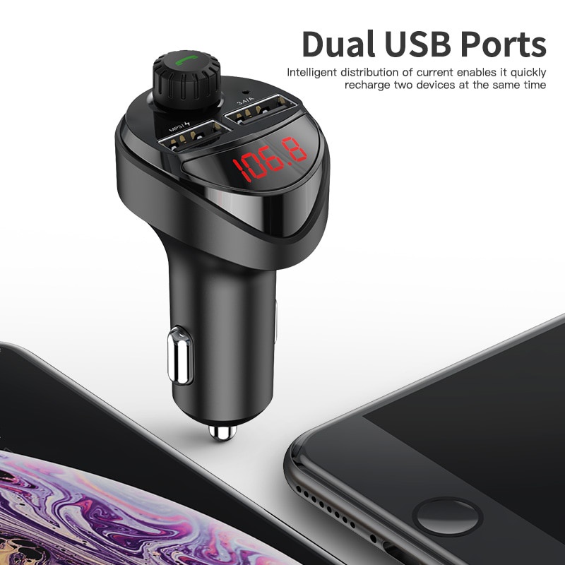 KUULAA Củ Sạc Điện Thoại Hai Cổng usb 3.4a Kiêm Máy Nghe Nhạc mp3 Và Đài fm bluetooth Cho Xe Hơi