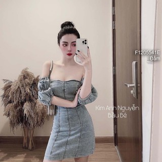 Đầm body jean cúp ngực rớt vai tay ngắn bo!