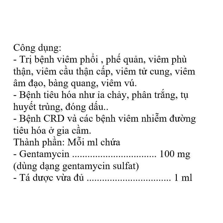 Thú Y Gentamycin 10% Hanvet Tiêu Chảy, Phân Trắng 100ml