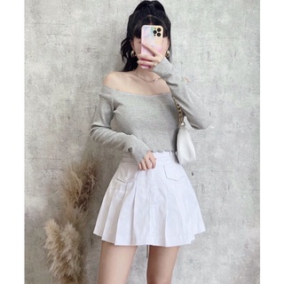 Áo croptop thun gân bẹt vai tay dài cuốn biên xanh xám nâu