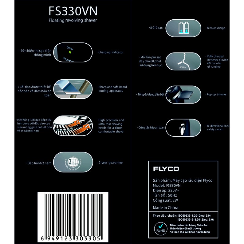 Máy cạo râu Flyco 3 lưỡi dao có chức năng chấn tỉa tóc FS330VN.