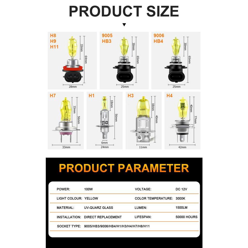 Set 2 bóng đèn halogen H1 H3 H4 H7 H9 H11 9005 9006 100W 12V 2800K cho xe hơi