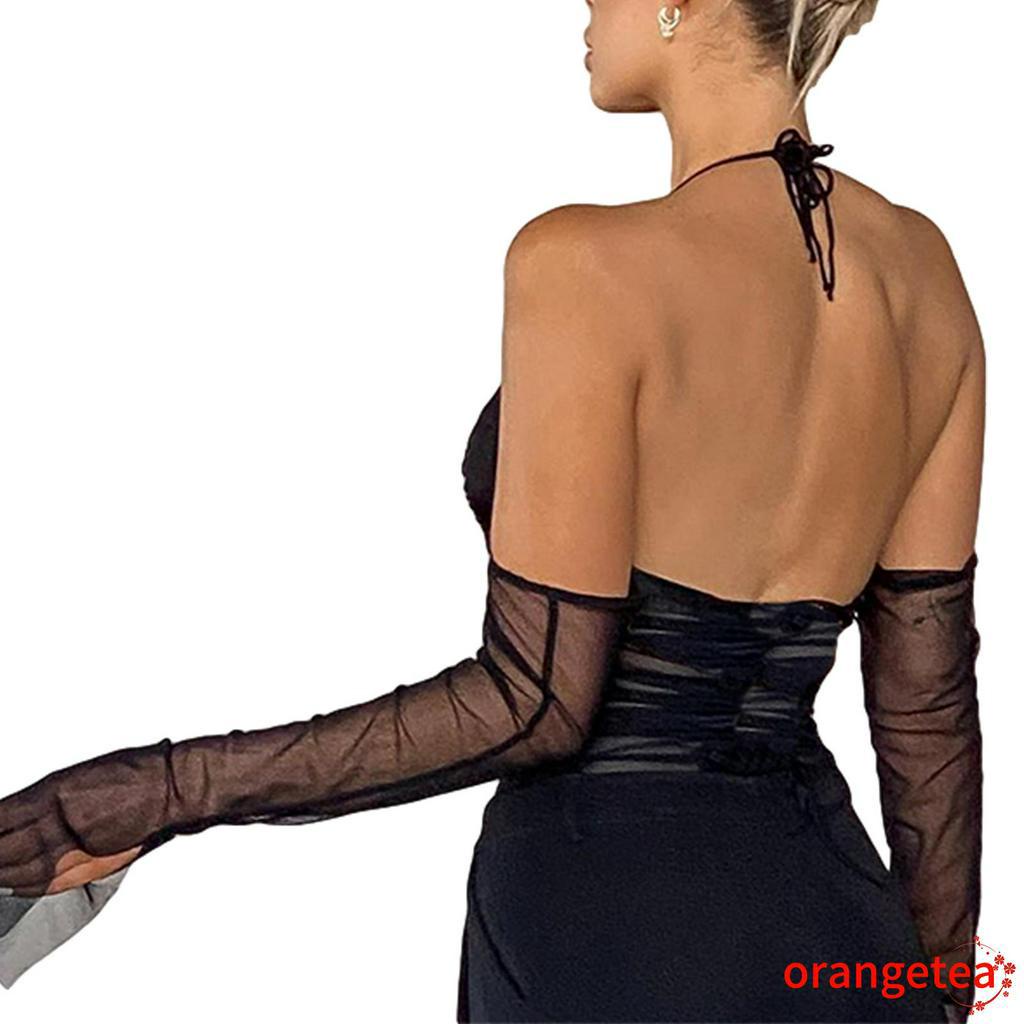 Áo nữ lộ vai tay dài phối lưới xuyên thấu gợi cảm thời trang